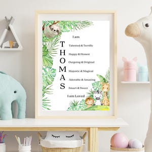 Nombre acróstico personalizado para bebé niño, arte mural para habitación infantil, palabras positivas, poema con el significado del nombre, regalo para baby shower, impresión de 20 x 25 cm.