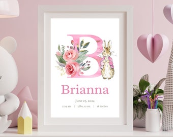 Peter Rabbit Baby Birth Stats Sign, Birth Details Keepsake, Birth Announcement, New Parent Gift, Alphabet Nursery Decor Personalized PRINT