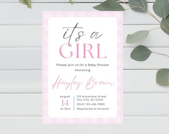 Pink Gingham Baby Shower Invitations, Elegant Printed Invites