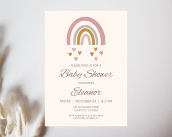 Roze regenboog babyshoweruitnodigingen, harten, op maat bedrukt 5 x 7