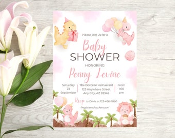 Dinosaur Baby Shower Invitations for Baby Girl, Cute Baby Dinosaurs Baby Shower Invitations, Personalized, PRINTED Invitations 5&quot; x 7&quot;
