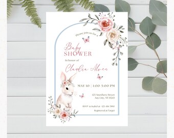 Bunny Baby Shower Invitations for Girl, Baby Bunny Rabbit Pink Boho Flowers Baby Shower Invites, Personalized, Custom PRINTED Invitations