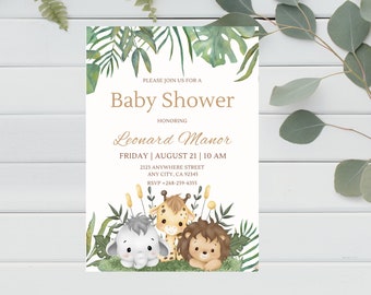 Safari Baby Shower Invitations, Jungle Animals, Personalized Printed Cards