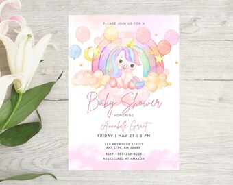 Unicorn Baby Shower Invitations for Girls, Baby Unicorn & Rainbow Baby Shower Invites, Personalized, Custom PRINTED Invitations 5&quot; x 7&quot;
