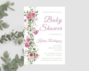 Könnte beinhalten: Eine rosa-weiße Babyparty-Einladung mit Blumen und dem Text "Bitte feiern Sie mit uns eine Babyparty zu Ehren von Korina Rodriguez. Samstag, 13. März 2025 um 12:00 Uhr. 1293 Anywhere Street, Your City, OR 52389. RSVP an Mia 123 456 7890. Registriert bei Babies R Us."