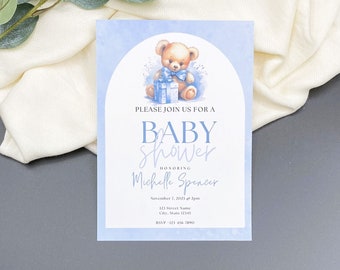 Uitnodiging babyshower teddybeer, jongen, gepersonaliseerd (gedrukt)