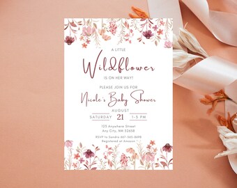 Baby Shower Invitations for Baby Girl, A Little Wildflower is on her Way Baby Shower Invite Personalized, PRINTED Invitations 5&quot; x 7&quot;