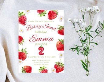 Invitations d'anniversaire douces de baies pour les filles, invitations d'anniversaire de fraises, invitations de fraises, invitations imprimées personnalisées 5 "x 7"