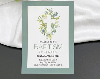 PRINTED Baptism, Christening, First Holy Communion Invitations, Religious Cross Invites, Personalized, Custom PRINTED Invitations 5&quot; x 7&quot;