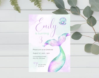 Mermaid Birthday Printed Invitations, Under the Sea Party, 5x7