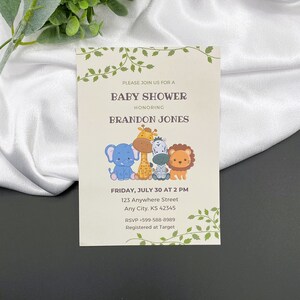 Invitations de baby shower imprimées neutres, invitations de baby shower animaux de safari animaux de la jungle, cartes d'invitation imprimées personnalisées 5 x 7 po