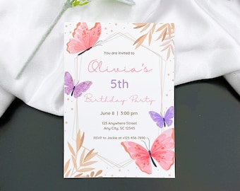 Invitaciones de cumpleaños con mariposas, fiesta de niñas, tarjetas impresas personalizadas