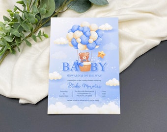 Uitnodiging babyshower teddybeerballon, bedrukte kaarten