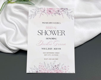 PRINTED Bridal Shower Invitations, Pink Floral Bridal Shower Invites, Personalized, Custom PRINTED Invitations 5" x 7"