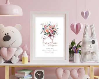 Birth Month Flower Bouquet Print, Personalized Nursery Decor, Baby Stats Gift