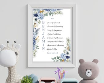 Acrostic Baby Boy Personalized Name, Nursery Wall Art, Positive Words Affirmation, Name meaning Poem, Baby Shower Gift, PRINT 8&quot; x 10&quot;