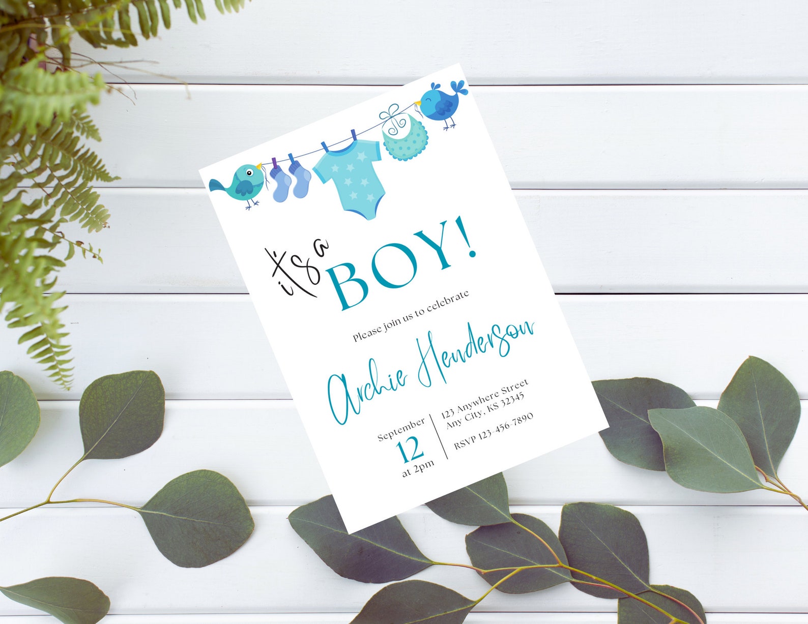It's a Boy! Baby Shower Invitations, Cute Baby Boy Hanging Clothes Baby ...