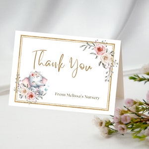 Cartes de remerciement IMPRIMÉES pour une nouvelle petite fille, baby shower de bébé éléphant, cartes de remerciement pliées ou plates personnalisées personnalisées