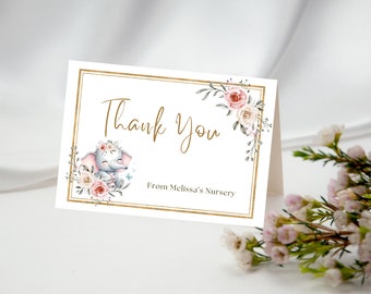 May include: Thank you card with a floral design and a cute cartoon elephant. The card says "Thank You" and "From Melissa's Nursery".