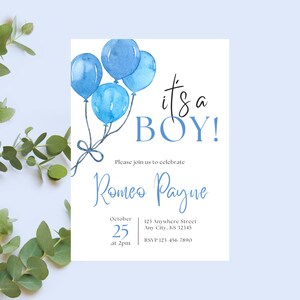 It&#39;s a Boy Baby Shower Invitations, Blue Balloons Baby Shower Invites for Boys, Elegant, Personalized Custom PRINTED Invitations
