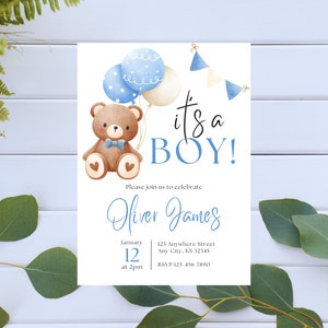 It&#39;s a Boy Baby Shower Invitations, Teddy and Blue Balloons Baby Shower Invites for Boys, Elegant, Personalized Custom PRINTED Invitations