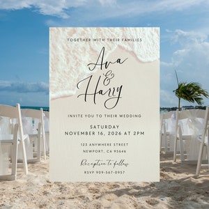 PRINTED Beach Wedding Invitations, Classic Elegant Wedding Invites, Destination Wedding, Personalized, Custom PRINTED Invitations 5" x 7"