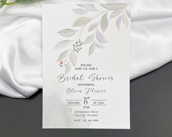 PRINTED Bridal Shower Invitations, Watercolor Leaves Bridal Shower Invites, Personalized, Custom PRINTED Invitations 5" x 7"