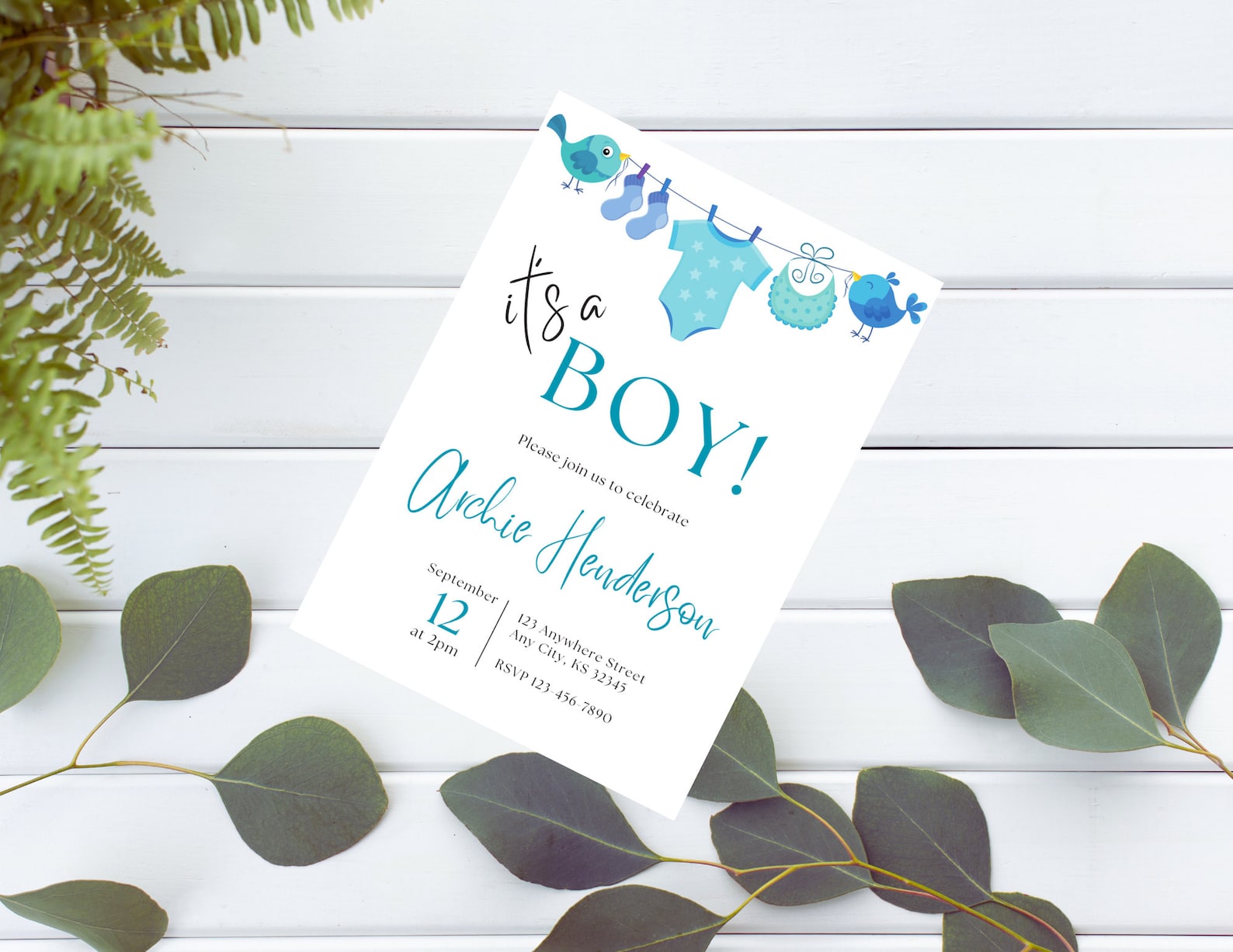 It's a Boy! Baby Shower Invitations, Cute Baby Boy Hanging Clothes Baby ...