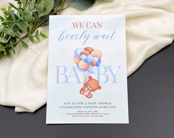 PRINTED Baby Shower Invitations for Baby Boy, Teddy Bear with Balloons Baby Shower Invites, Personalized, Custom PRINTED Invitations 5&quot; x 7&quot;