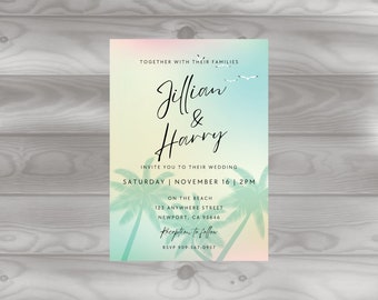 PRINTED Beach Wedding Invitations, Elegant Tropical Wedding Invites, Destination Wedding, Personalized Custom PRINTED Invitations 5&quot; x 7&quot;