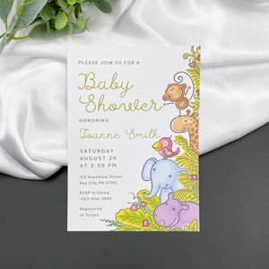 Invitations de baby shower imprimées neutres, invitations de baby shower animaux de safari animaux de la jungle, cartes d'invitation imprimées personnalisées 5 x 7 po