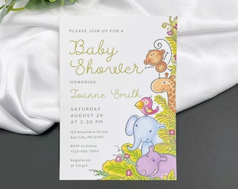 Printed Safari Animal Baby Shower Invitations, Neutral Jungle Theme