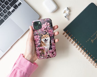 Original Mosaic Tile Art Cute Shiba Inu Cherry Blossom iPhone Case Great Gift For Shiba Inu Lovers