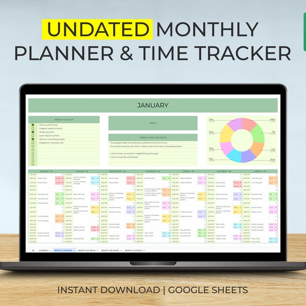 Undated Monthly Planner and Time Tracker | Google Sheets Template | Weekly Planner Spreadsheet | Undated Planner and Time Tracker | Green