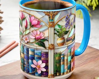 Floral Bookshelf Coffee Mug, Bookish Stained-Glass Style Mug, Book Lover Gift, Reading Mug for Women, Library Aesthetic Cup 15oz
