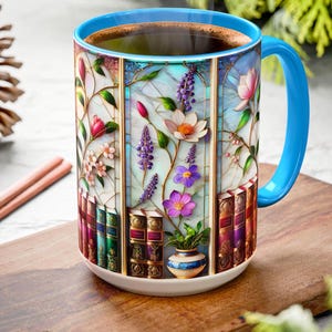 Floral Bookshelf Coffee Mug, Bookish Faux Stained-Glass Mug, Book Lover Gift, Reading Mug for Women, Library Floral Cup 15oz image 1