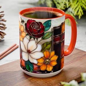 Floral Bookshelf Mug, Stained Glass Style Flowers & Bees Mug 15oz, Garden Book Lover Gift