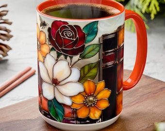 Floral Bookshelf Mug, Stained Glass Style Flowers & Bees Mug 15oz, Garden Book Lover Gift