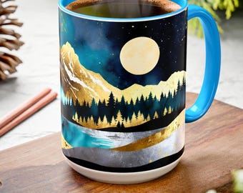 Mountains Mug, Moonlit Mountain Art Coffee Mug, Nature Lover Gift, Starry Night Sky Landscape Cup 15oz