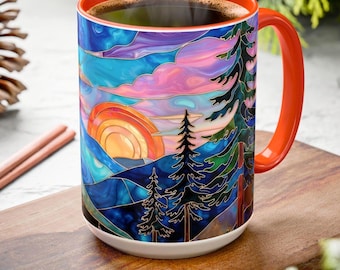Sunset Mountain Landscape Coffee Mug, Stained Glass Style Colorful Forest Sunrise 15oz