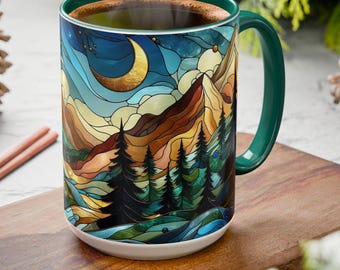 Stained Glass Mountain Coffee Mug, Nature Mug, Outdoorsman Gift, Mountain Scene Mug, Gift for Nature Lover, Camping Mug, Aesthetic Mug 15oz