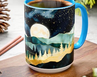 Moonlit Mountains Mug, Mountain Art Coffee Mug, Nature Lover Gift, Starry Night Sky Landscape Cup 15oz