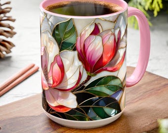 Magnolia Mug-Stained Glass Style, Pink Magnolia Flower Coffee Cup, Floral Art Mug Gift for Her, Mom, Teacher, Spring Nature Mug 15oz