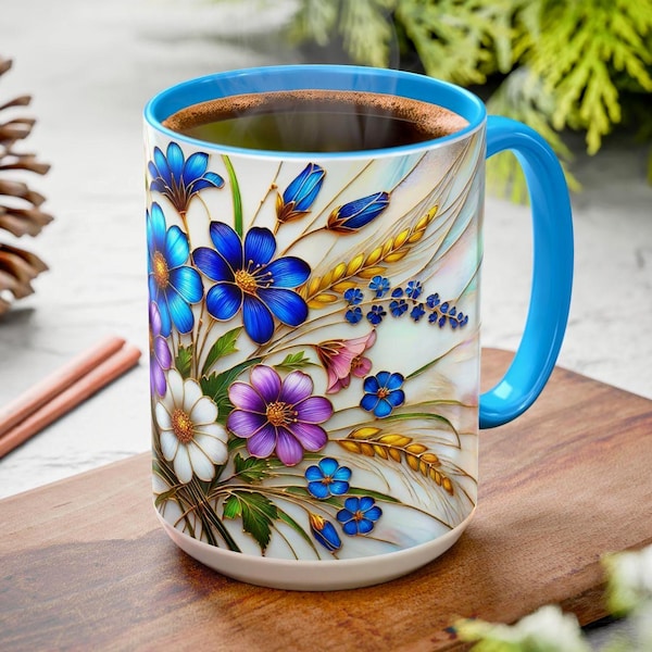 Wildflower Mug, Stained Glass Style Floral Coffee 15oz
