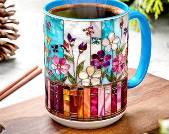 Stained Glass STYLE Bookshelf Mug, Floral Book Lover Gift, Colorful Library Aesthetic Cup, Reading Coffee Mug 11oz 15oz