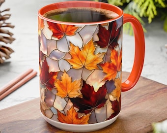 Autumn Maple Leaf Mug, Fall Stained-Glass Style Coffee Cup, Cozy Ceramic Seasonal Mug, Thanksgiving Gift Mug, Botanical Mug, Nature Mug 15oz