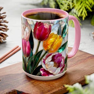 Tulips Mug Stained Glass Style, Floral Coffee Cup, Spring Flower Mug, Colorful Tulip Gift for Her, Mom, Teacher, Art Lover, 15oz immagine 1
