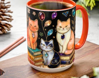 Stained Glass Style Cat Mug, Colorful Cats on Books, Cute Cat Lover Gift, Fantasy Bookish Art Cup 15oz