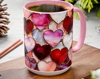Stained Glass Style Hearts Mug, Colorful Heart Printed Coffee Cup, Romantic Gift for Her or Him, Anniversary Mug 15oz