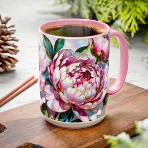 Stained Glass Style Peony Mug, Cottagecore Floral Ceramic Coffee Cup, Vintage Style Ceramic Drinkware, Boho Mug